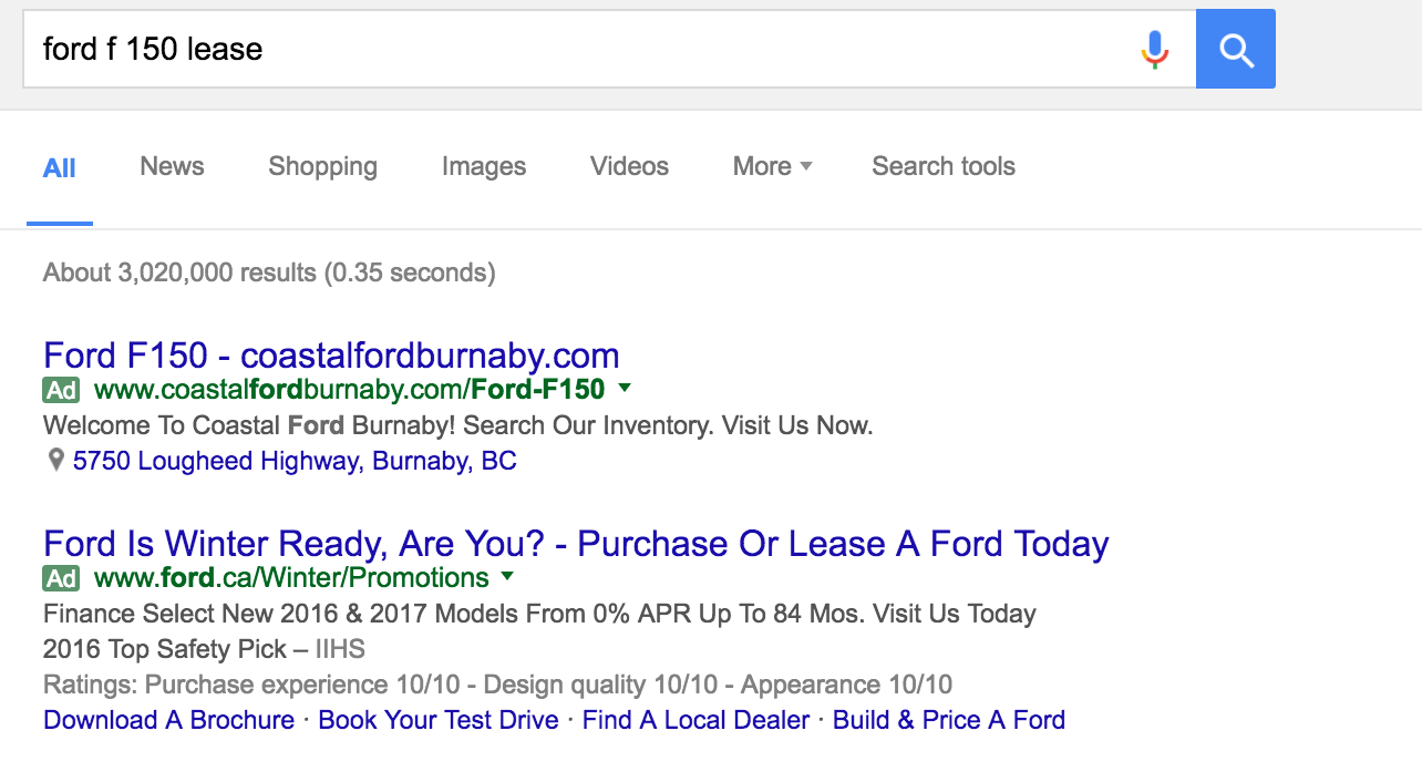 The customer is looking for an F150 lease. If the ad copy contains the keywords they are more likely to cook.